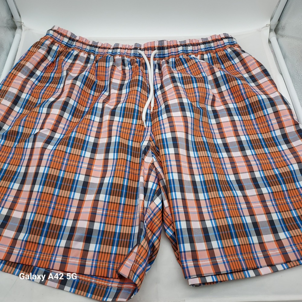 Brooks Brothers Mens Plaid Swim Trunks Orange Blue Mesh Lined XL